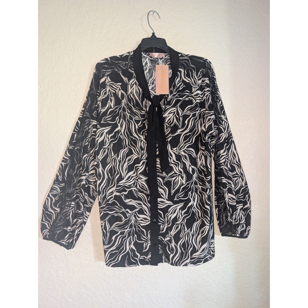 Amana Womens 1X Top Plus Black Cream Leaf Lace Long Sleeve Tie Neck Blouse NEW